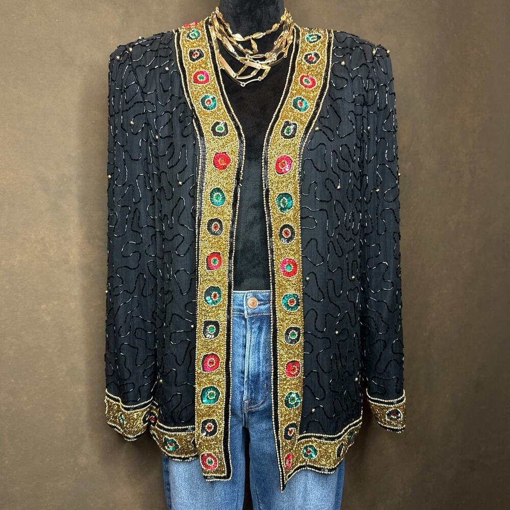 Laurence Kazar Beaded Silk Jacket Black Gold Embellished Open Front XL